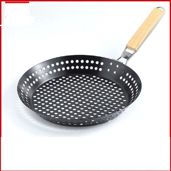 BBQ Folding Grill Pan with Holes 12" Nonstick Grill Skillet with Wooden Foldable Handle, Camping Cookware-Kabob-Grill Pan for Outdoor Barbecue