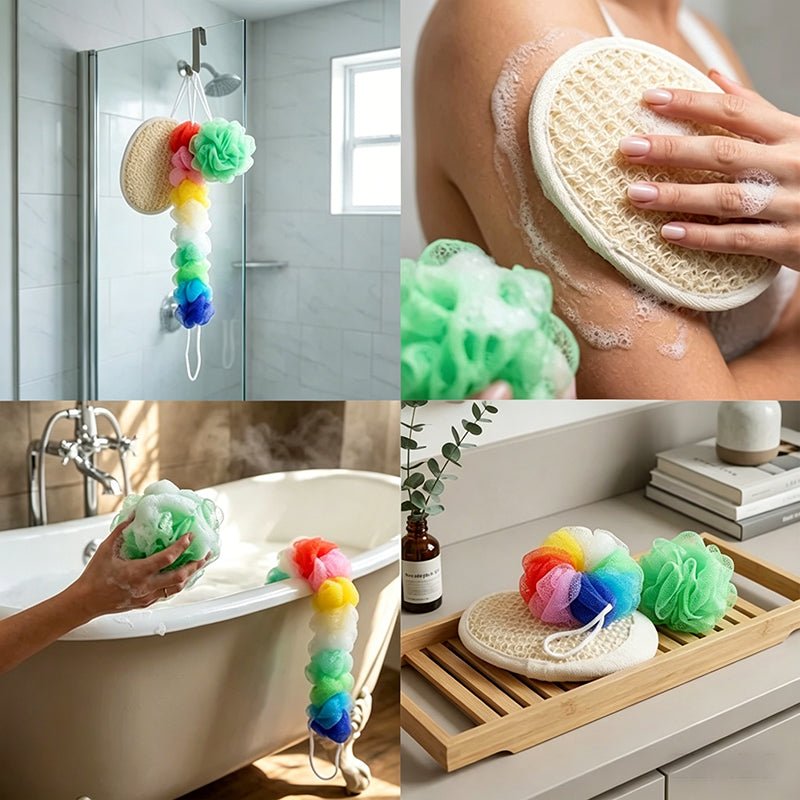 3PCS Bath Sponge Set Long Back Scrubber Mesh Pouf Loofah Shower Exfoliator