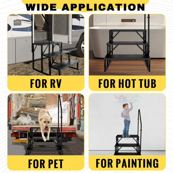 RV Step Stool, 3 Step Ladder, Hot Tub Steps with Handrail, Portable Pool Ladder, 660Lbs Heavy Duty Ladder Shelf Outdoor Mobile Home Stairs for Camper/Porch/SPA Pool/Pet Stairs