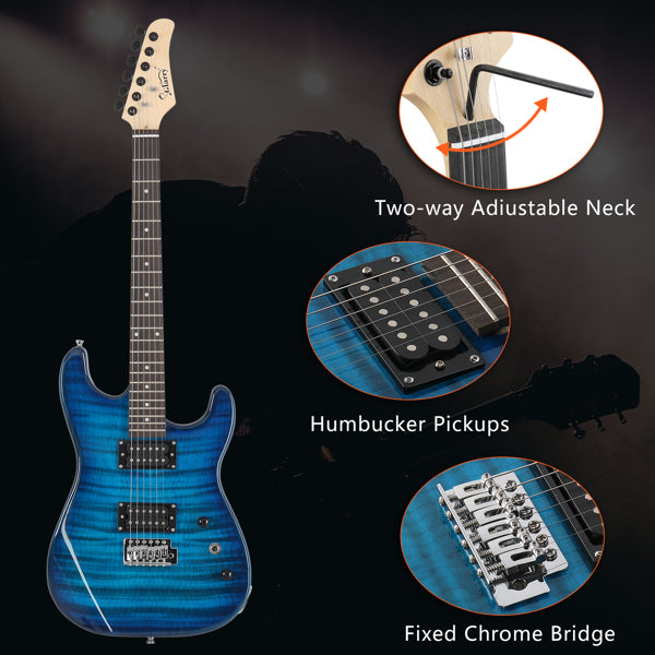 GST Stylish H-H Pickup Tiger Stripe Electric Guitar Kit with 20W AMP Bag Guitar Strap Blue