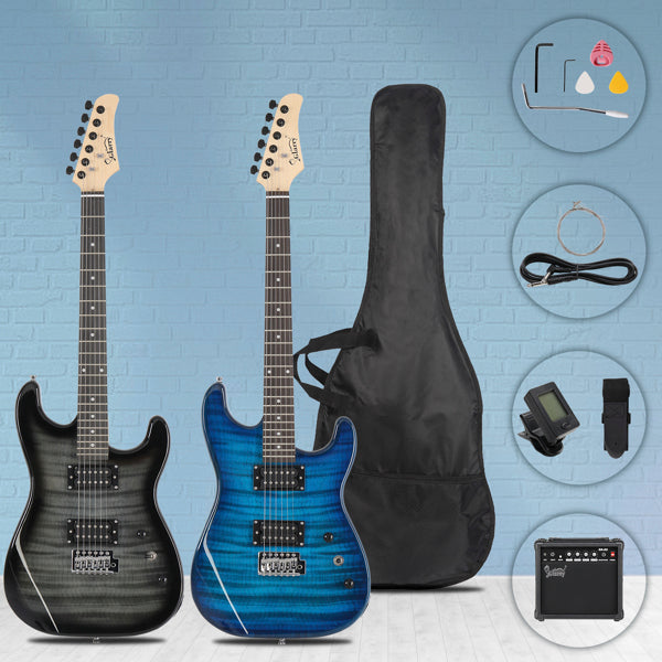GST Stylish H-H Pickup Tiger Stripe Electric Guitar Kit with 20W AMP Bag Guitar Strap Blue