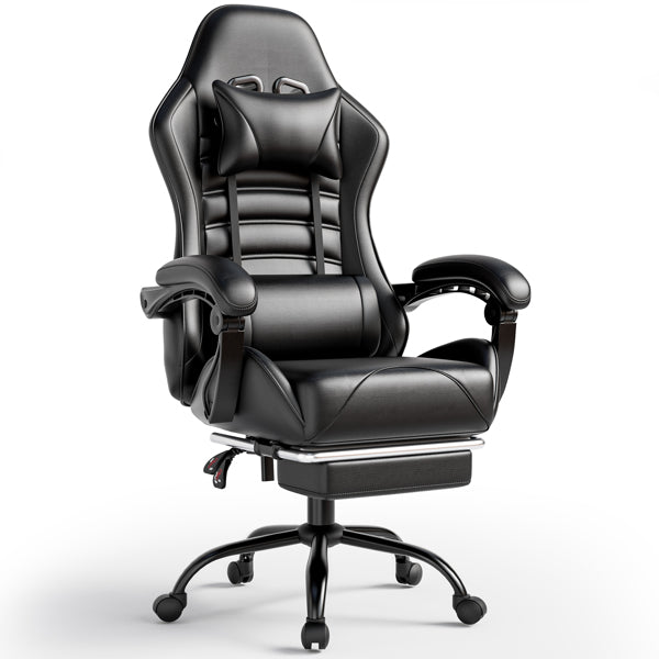 Black Video Game Chair for Adults, Computer Chair Gaming Chairs for Kids, Adjustable Lumbar Pillow Headrest Office Desk Chair Gamer Chair with Footrest