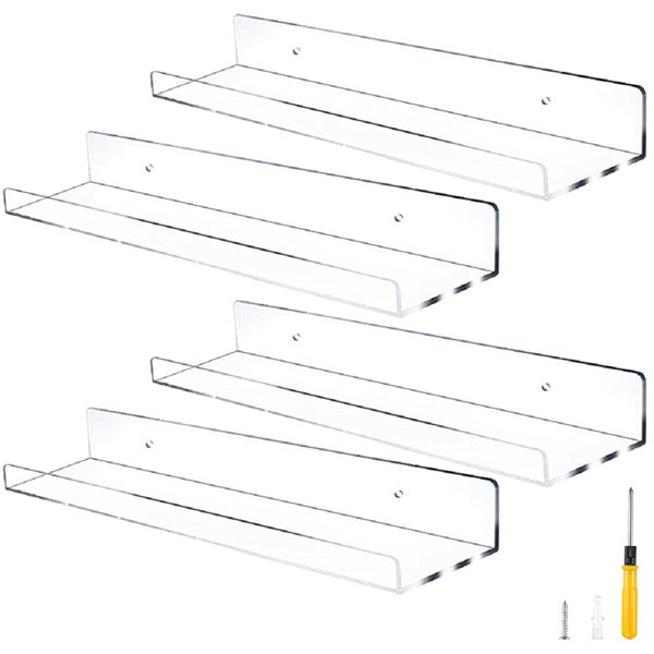 Floating Shelves 15 inch Acrylic Wall Ledge Shelves Clear 4 Pack Invisible Display Bookshelf Organizer