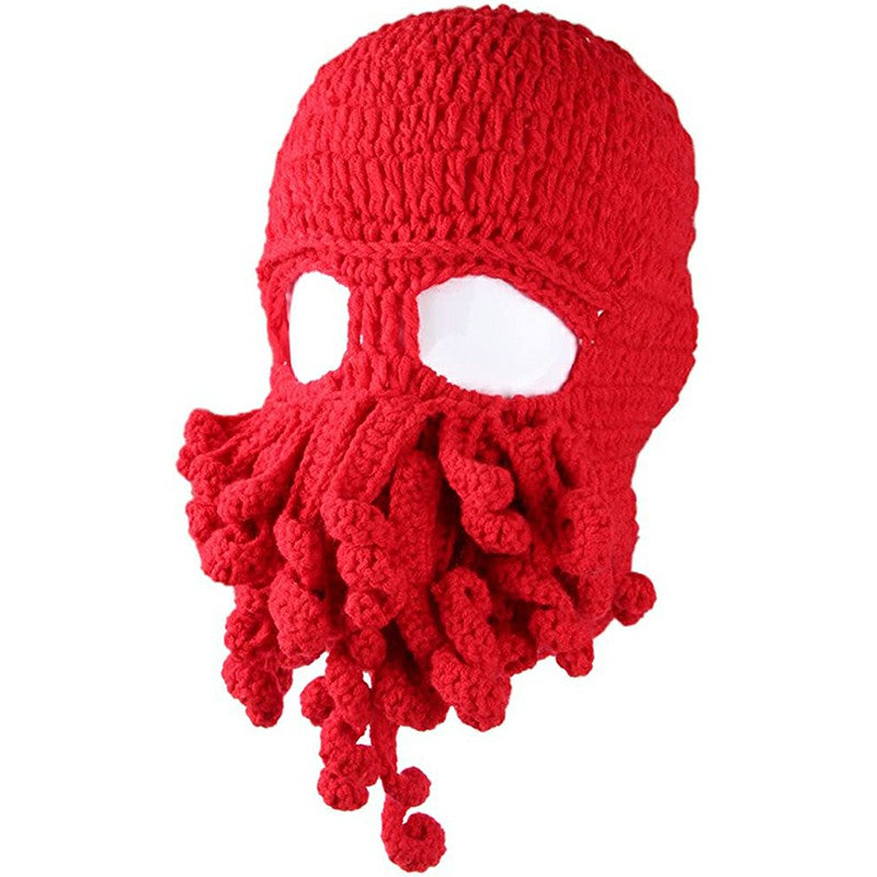 Octopus Beard Beanie Hat Warm Knit Funny Hat for Costume Party or Outdoor Activities Black Red Green Brown