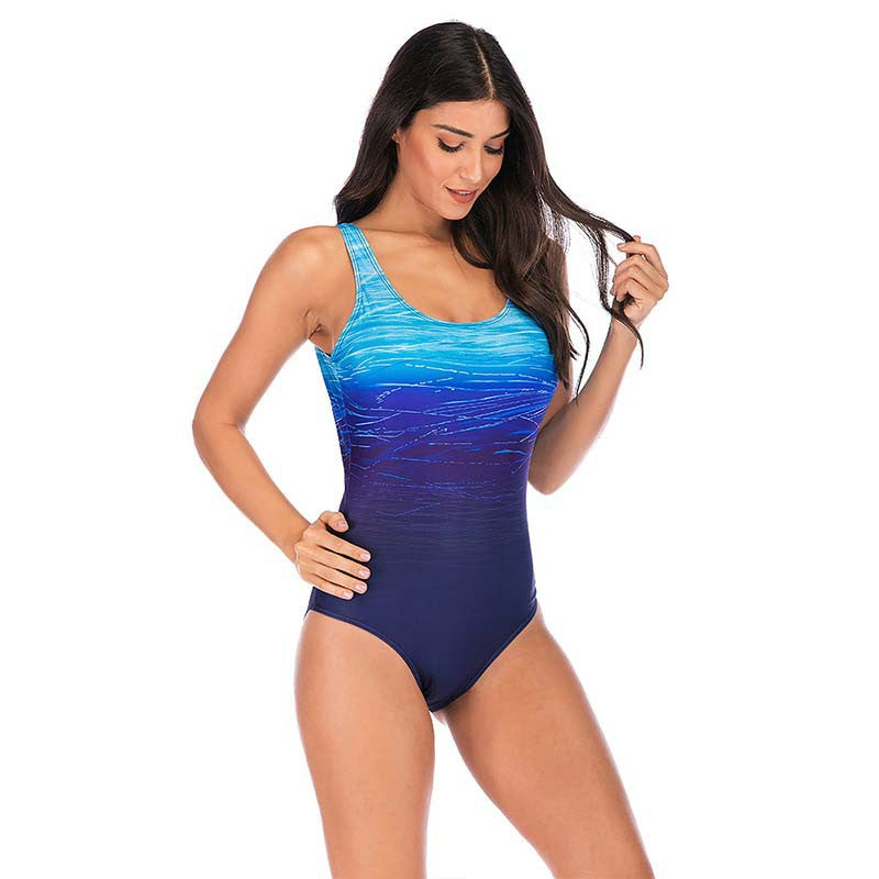 Round Neck Swimsuit One Piece Swimwear Gradient Color U Back Bathing Suits for Women - Blue