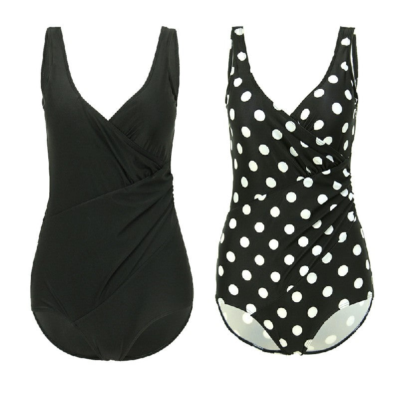Lady Tummy Control Swimming Costume One Piece Bathing Swimwear Swimsuit - Black White Dot