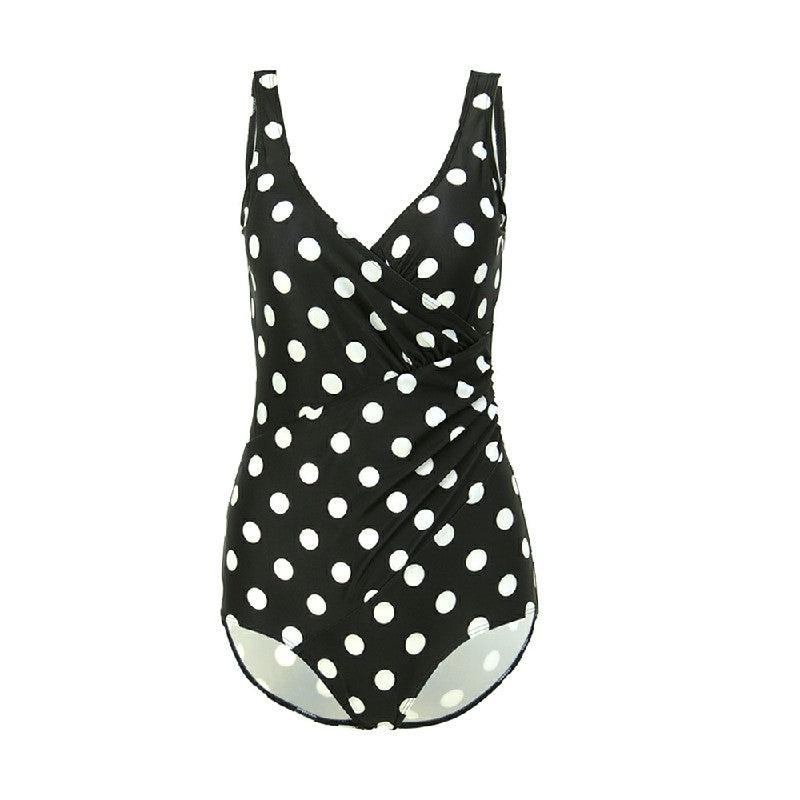 Lady Tummy Control Swimming Costume One Piece Bathing Swimwear Swimsuit - Black White Dot