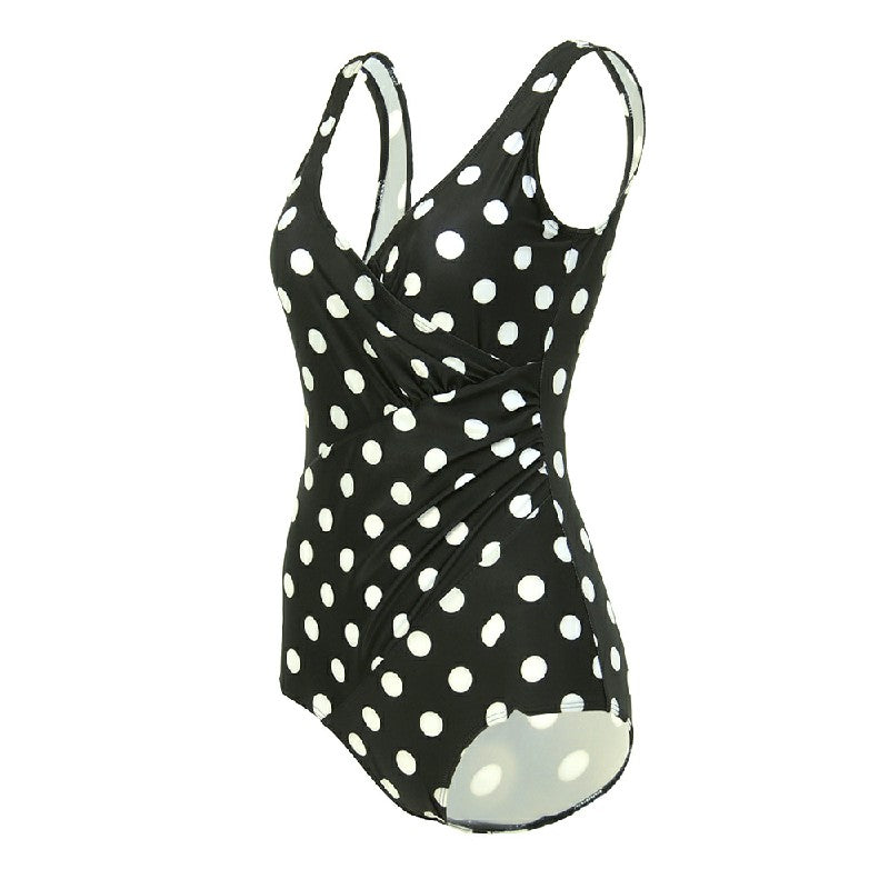Lady Tummy Control Swimming Costume One Piece Bathing Swimwear Swimsuit - Black White Dot
