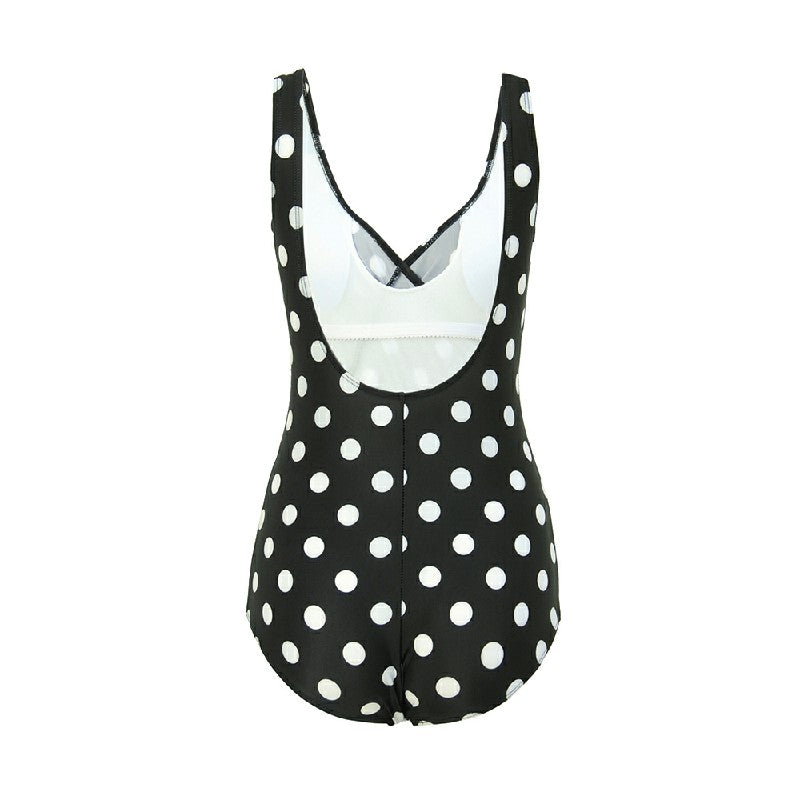 Lady Tummy Control Swimming Costume One Piece Bathing Swimwear Swimsuit - Black White Dot