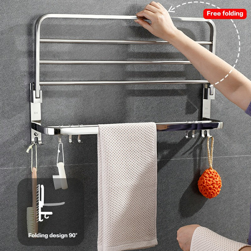 Foldable Double Towel Rail Holder Wall Mounted Stainless Steel Bathroom Rack Shelf