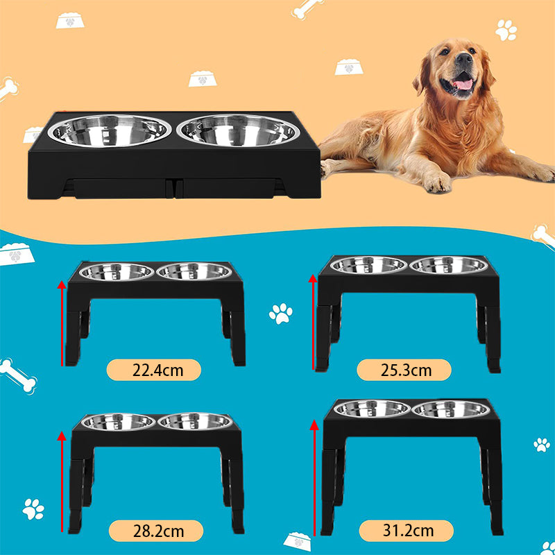 Elevated Dog Bowls 5 Height Adjustable Stand Raised dog bowl with Double Stainless Steel Bowls for Small Medium Large Dogs - Black