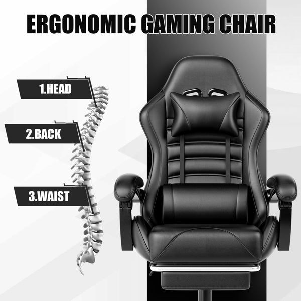 Black Video Game Chair for Adults, Computer Chair Gaming Chairs for Kids, Adjustable Lumbar Pillow Headrest Office Desk Chair Gamer Chair with Footrest