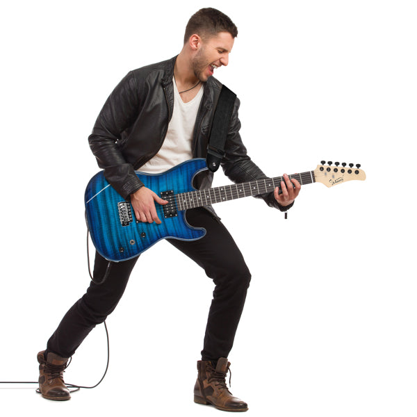 GST Stylish H-H Pickup Tiger Stripe Electric Guitar Kit with 20W AMP Bag Guitar Strap Blue