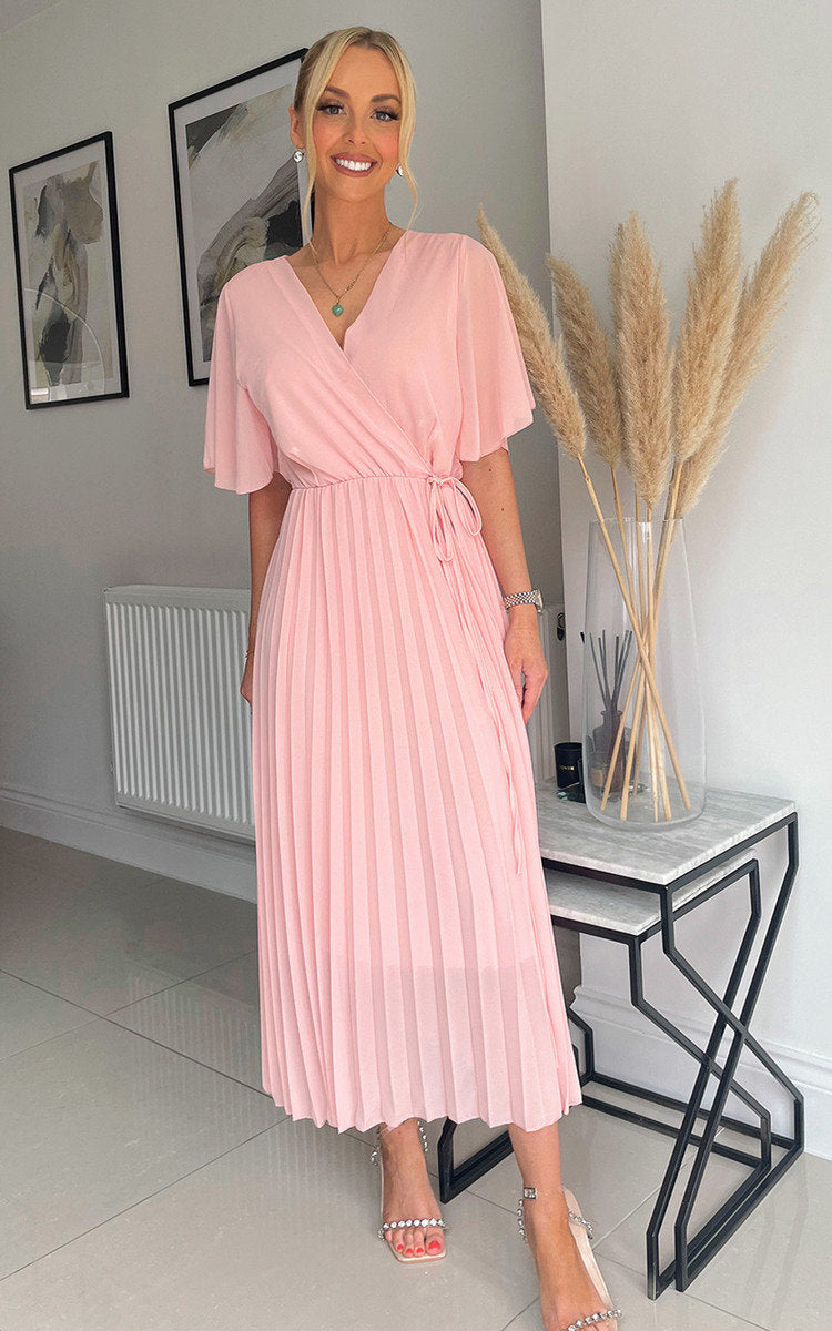 Pleated Wrap Front Maxi Dress