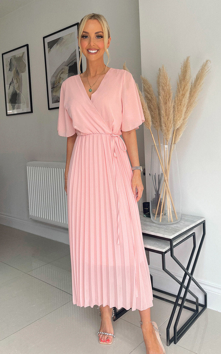 Pleated Wrap Front Maxi Dress