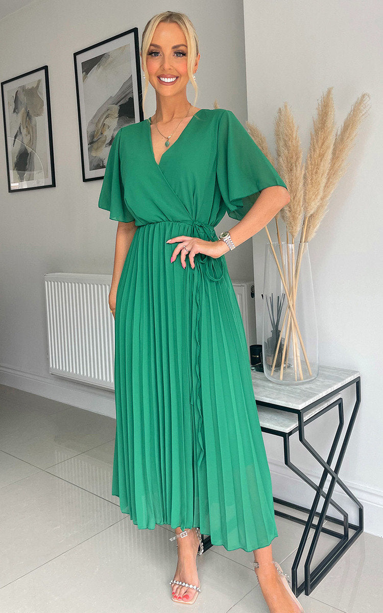 Pleated Wrap Front Maxi Dress