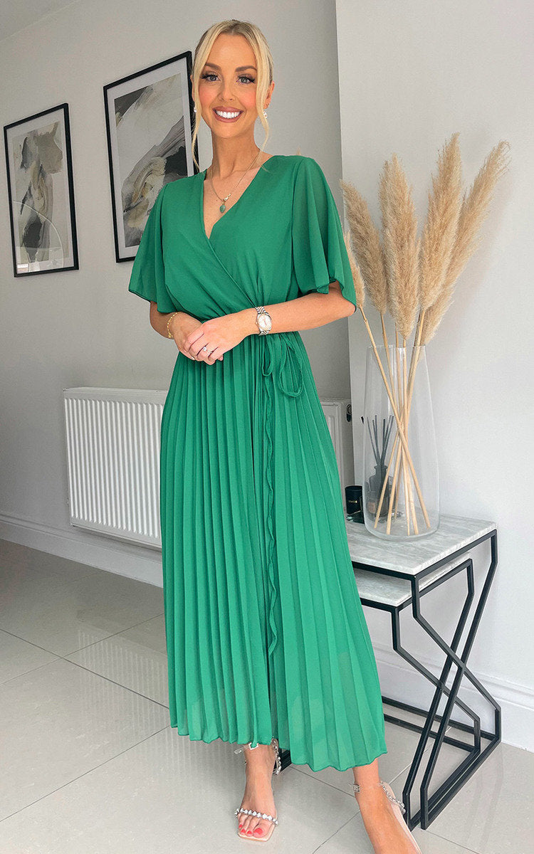 Pleated Wrap Front Maxi Dress