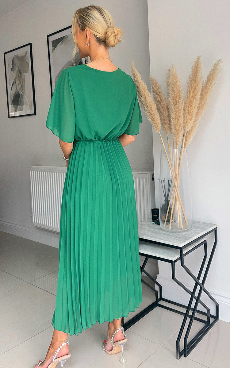 Pleated Wrap Front Maxi Dress