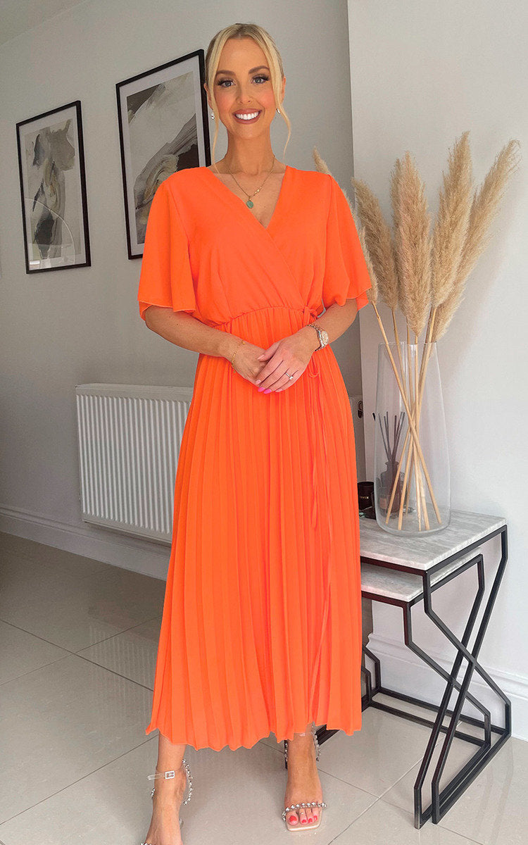 Pleated Wrap Front Maxi Dress