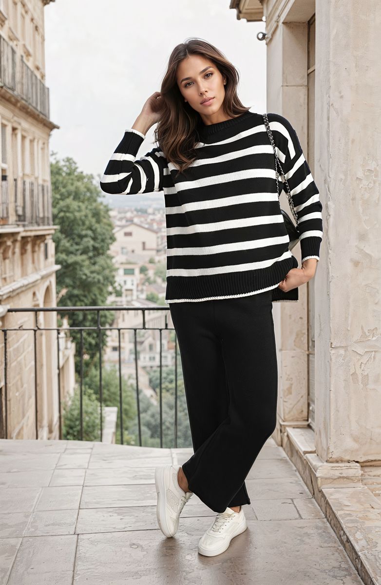 Knitted Striped Long Sleeve Top and Pants Co-ord Set