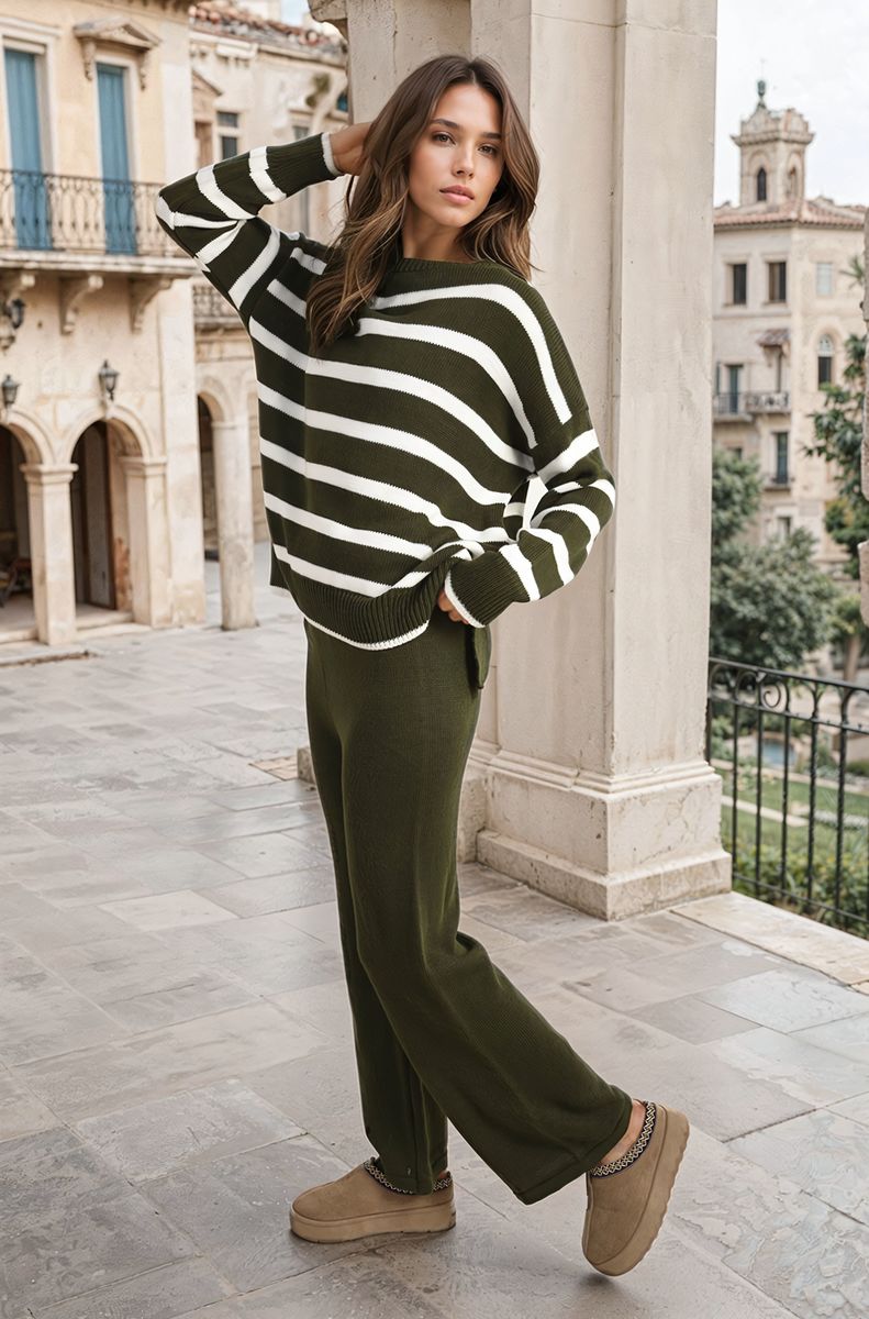Knitted Striped Long Sleeve Top and Pants Co-ord Set