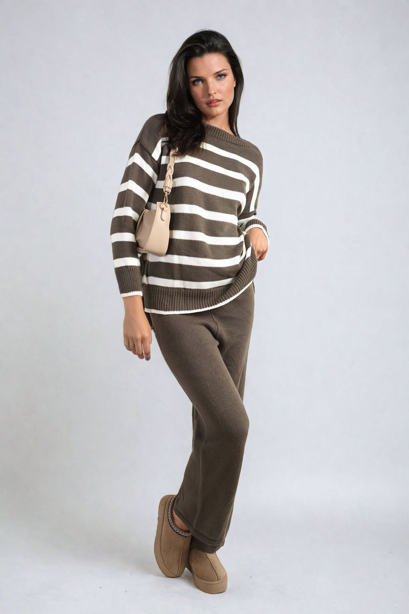 Knitted Striped Long Sleeve Top and Pants Co-ord Set