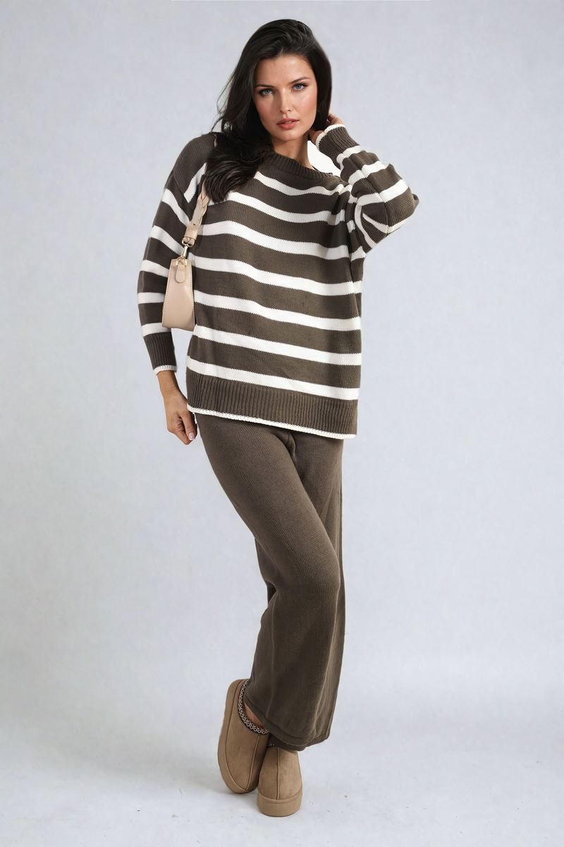 Knitted Striped Long Sleeve Top and Pants Co-ord Set