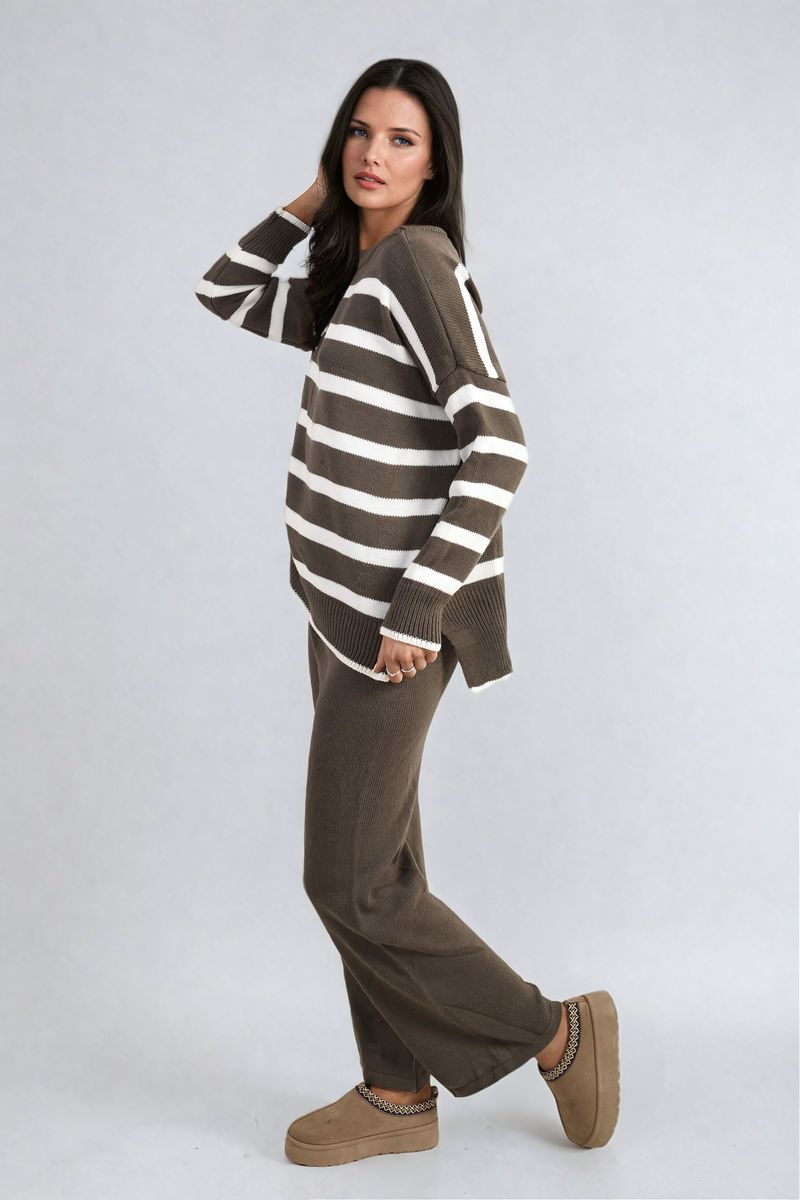 Knitted Striped Long Sleeve Top and Pants Co-ord Set