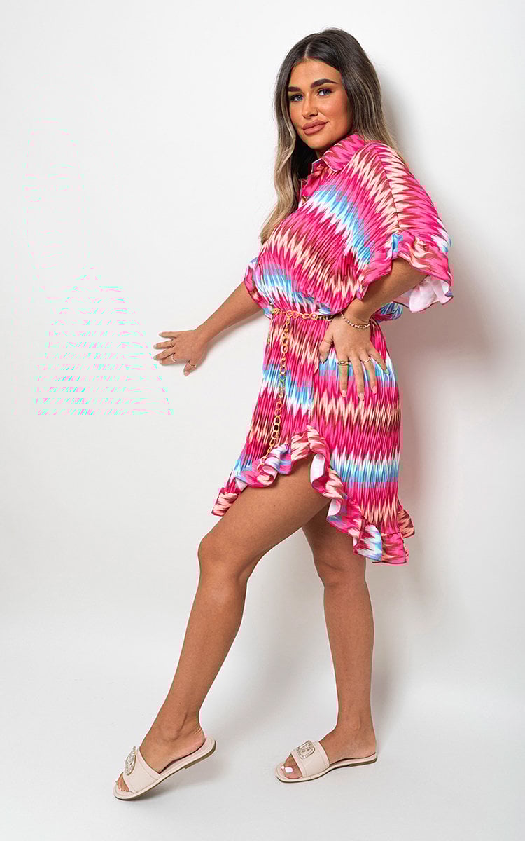 Zigzag Print Pleated Button Up Shirt Dress Sizes S/M M/L L/XL