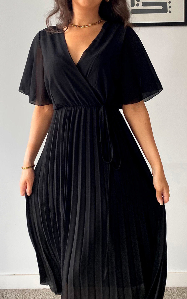 Pleated Wrap Front Maxi Dress