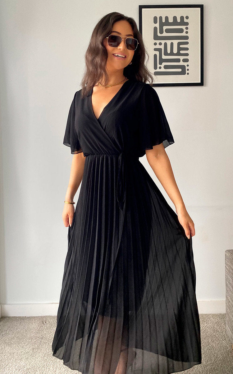 Pleated Wrap Front Maxi Dress