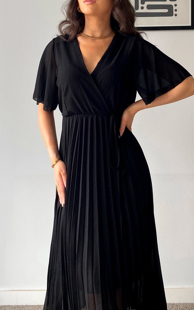 Pleated Wrap Front Maxi Dress