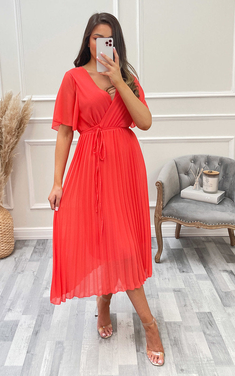 Pleated Wrap Front Maxi Dress