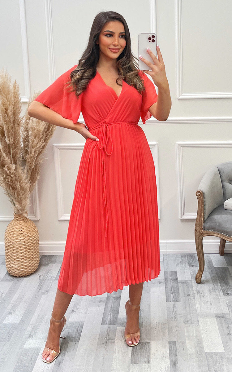 Pleated Wrap Front Maxi Dress