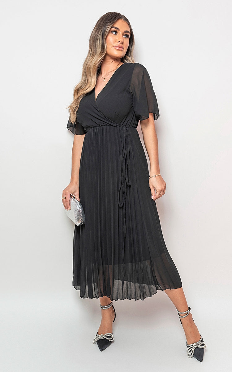 Pleated Wrap Front Maxi Dress
