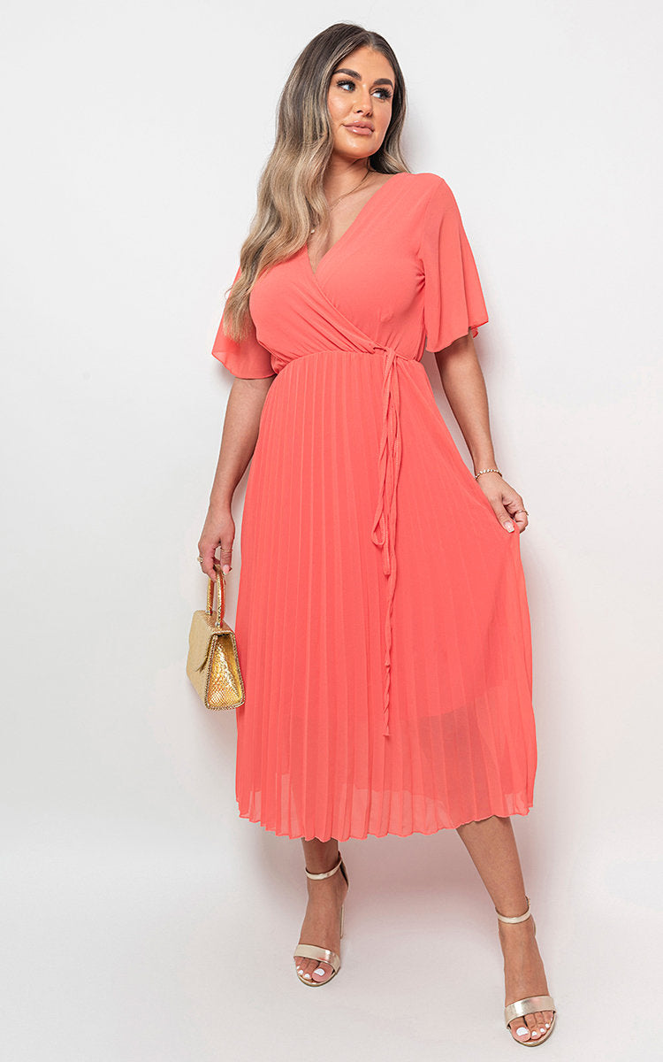 Pleated Wrap Front Maxi Dress