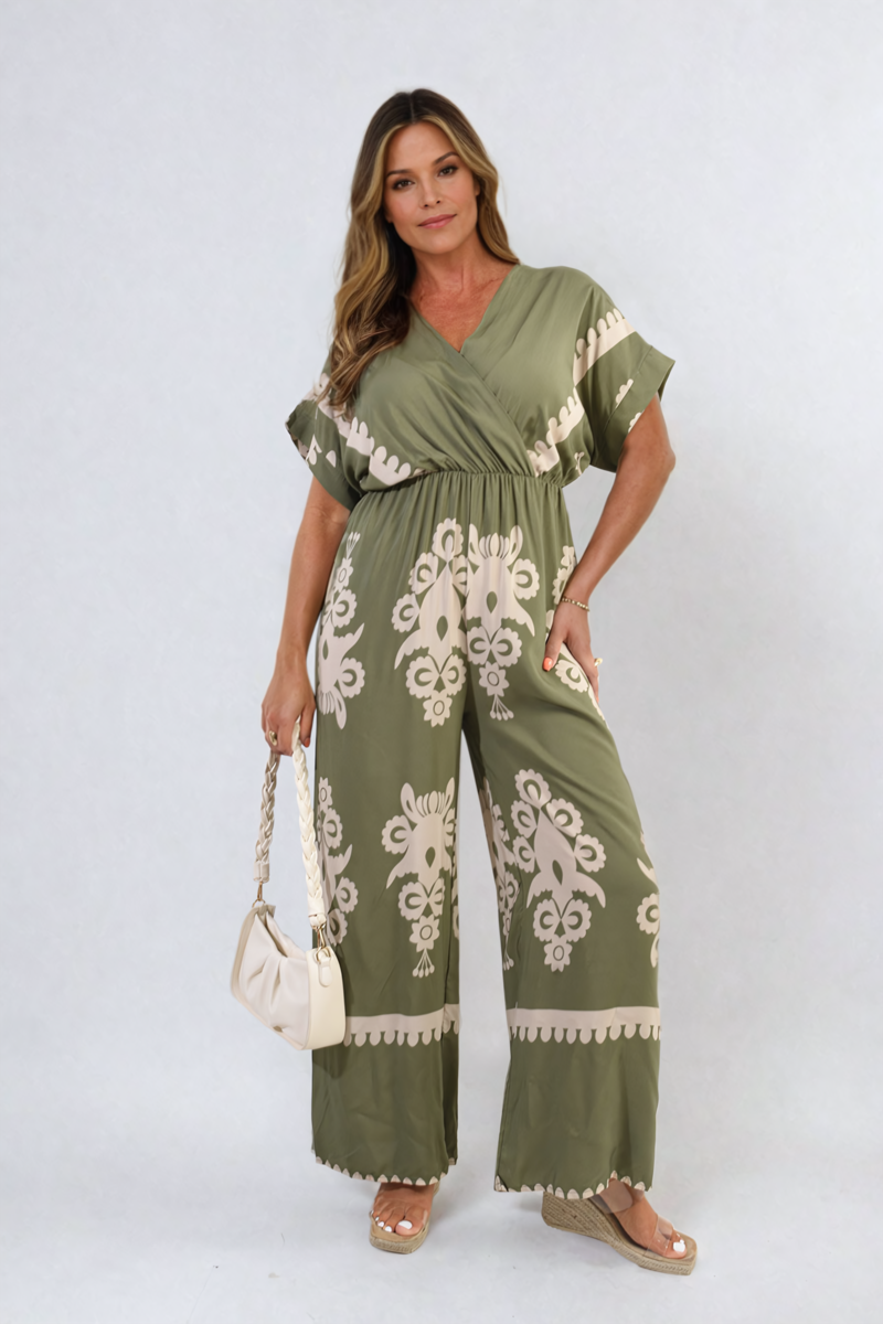 Printed Cross Front Wide Leg Jumpsuit Size S/M M/L
