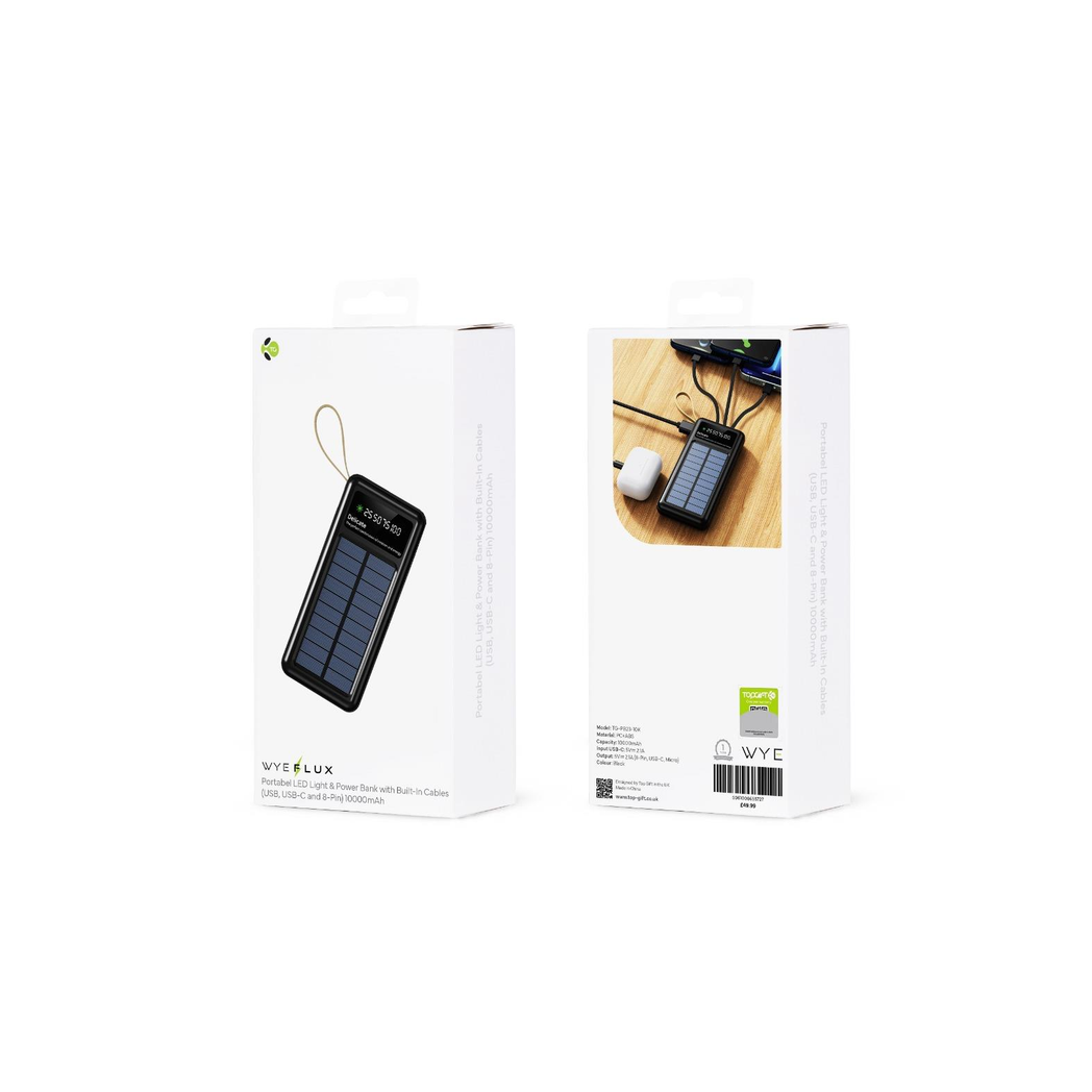 WYEFLUX 10000mAh Portable LED Light & Power Bank with Built-In Cables (USB, USB-C and 8-Pin)
