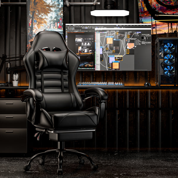 Black Video Game Chair for Adults, Computer Chair Gaming Chairs for Kids, Adjustable Lumbar Pillow Headrest Office Desk Chair Gamer Chair with Footrest