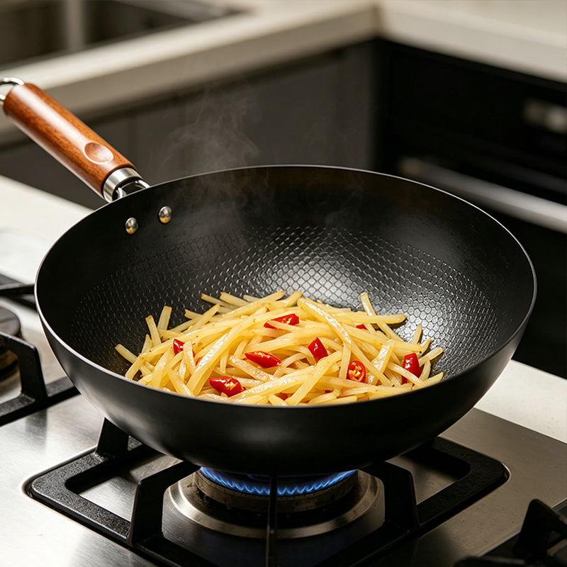 32cm Refined Iron Wok Non Stick Wood Handle Induction Gas All Hobs