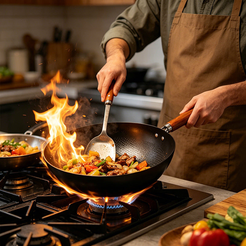 32cm Refined Iron Wok Non Stick Wood Handle Induction Gas All Hobs