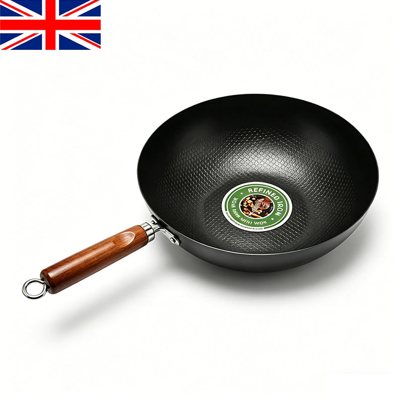 32cm Refined Iron Wok Non Stick Wood Handle Induction Gas All Hobs