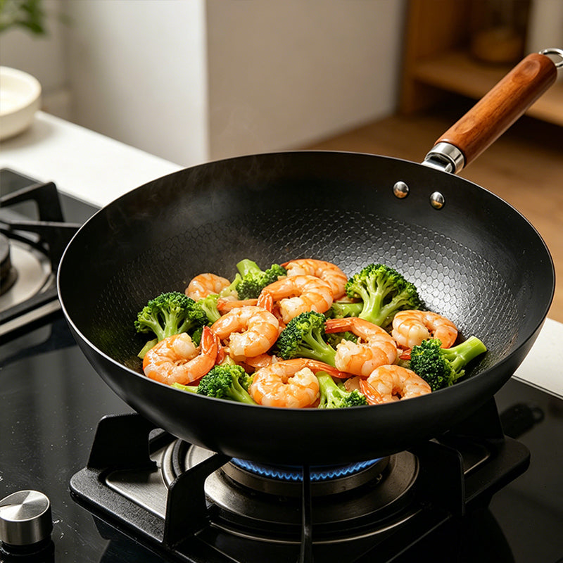 32cm Refined Iron Wok Non Stick Wood Handle Induction Gas All Hobs