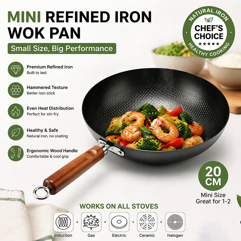 32cm Refined Iron Wok Non Stick Wood Handle Induction Gas All Hobs