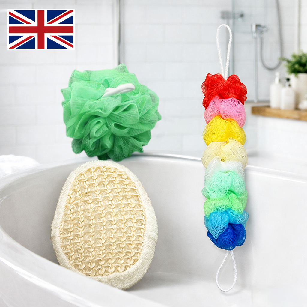 3PCS Bath Sponge Set Long Back Scrubber Mesh Pouf Loofah Shower Exfoliator
