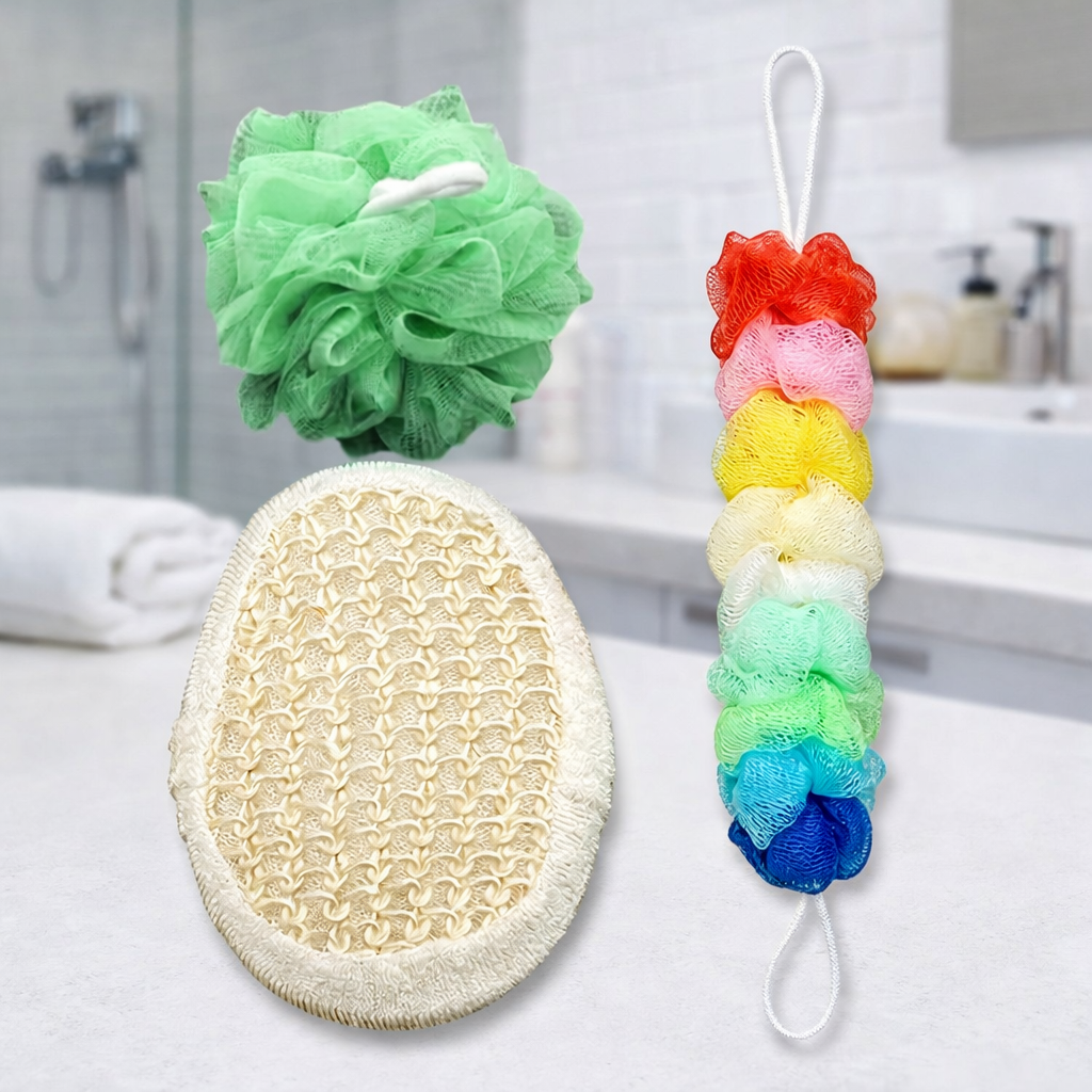 3PCS Bath Sponge Set Long Back Scrubber Mesh Pouf Loofah Shower Exfoliator
