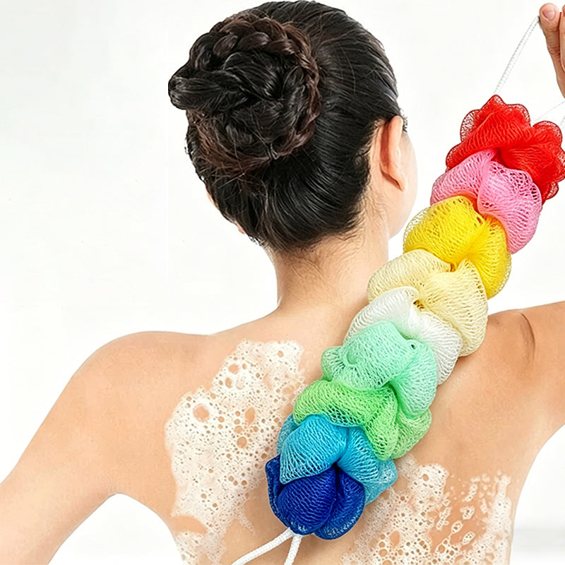 3PCS Bath Sponge Set Long Back Scrubber Mesh Pouf Loofah Shower Exfoliator