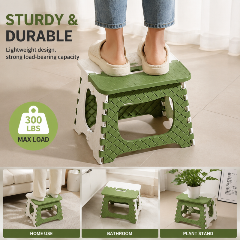 Heavy Duty Folding Step Stool Green Anti-Slip Camping Stool 300lb Capacity