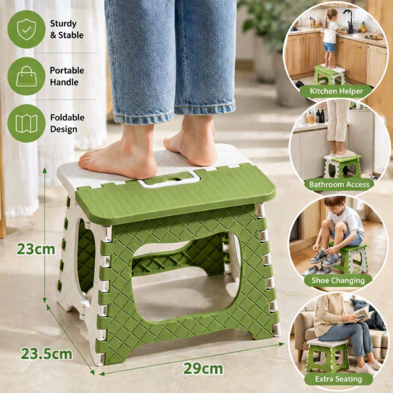 Heavy Duty Folding Step Stool Green Anti-Slip Camping Stool 300lb Capacity