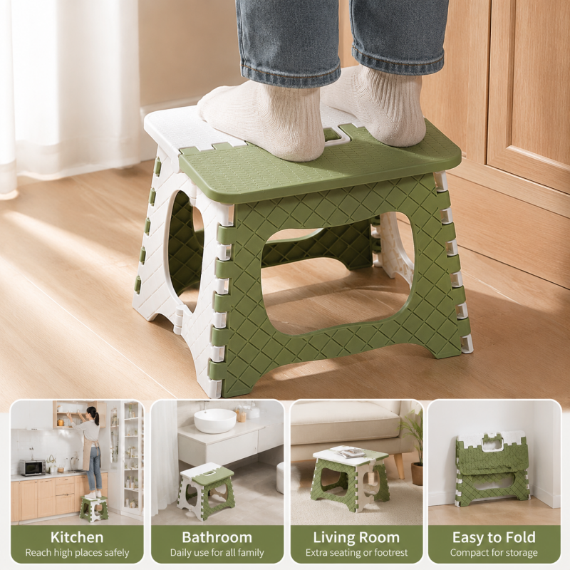 Heavy Duty Folding Step Stool Green Anti-Slip Camping Stool 300lb Capacity